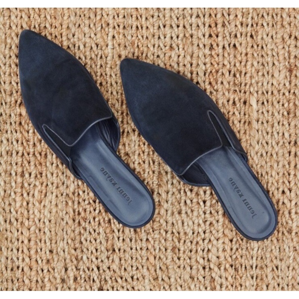 JENNI KAYNE Suede Mule Navy EU 37 SZ 7 Pointed Toe Minimalist Clean Girl Slip On